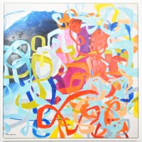 48" Sq Multicolored Abstract Squiggles Canvas in a White Frame