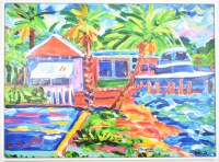 44" x 59" Tropical House Boats Canvas in a White Frame