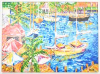44" x 59" Boats at the Tropical Docks Coastal Canvas in a White Frame