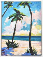 40" x 30" Palm Trees on the Beach 1 Coastal Canvas in a White Frame