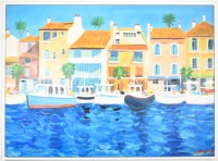 44" x 59" Row Boats and Houses Coastal Canvas in a White Frame