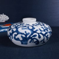 15" Round Dark Blue Coral on White Ceramic Coastal Vase