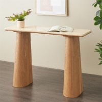 32" x 47" Beige Marble Top and Brown Wood Console Table