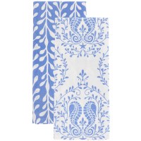Set of Two 28" x 19" Blue and White Leaf and Two Blue Seahorses Kitchen Towels
