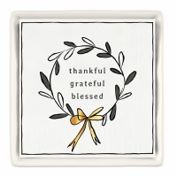 6" Square "Thankful, Grateful, Blessed" Christmas Beverage Napkins With a Ceramic Holder