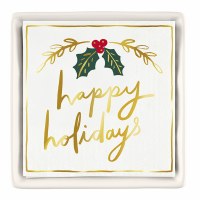 6" Square "Happy Holidays" Holly Beverage Napkins With a Ceramic Holder