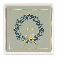 6" Square Green "Joy" Wreath Christmas Beverage Napkins With a Ceramic Holder