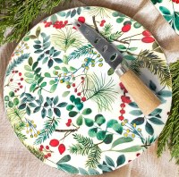 8" Round Christmas Greens Wood Serving Board With a Knife