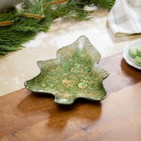 12" Green and Gold Christmas Tree Shape Glass Plate