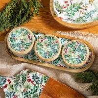 Set of Four 13" Christmas Greens Wood Serving Tray and Bowls
