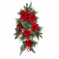 28" Faux Red Poinsettia and Pine Drop