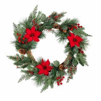 20" Round Faux Red Poinsettia and Pine Wreath