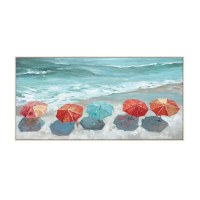 30" x 60" Five Umbrellas on the Beach Framed Coastal Canvas