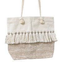 Large White and Beige Tassle Tote Bag
