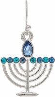 Silver Toned and Blue Menorah Hanukkah Earrings