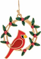 Gold Toned and Red Cardinal in a Wreath Christmas Earrings