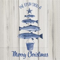 5" Square "We Wish You a Merry Christmas" Blue Fish Christmas Tree Beverage Napkins