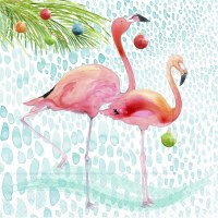5" Square Flamingos With Christmas Ornaments Beverage Napkins