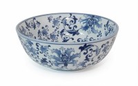 14" Blue and White Scroll Ceramic Bowl