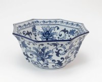 11" Octagon Blue and White Scroll Ceramic Bowl
