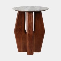 16" Round Gray Marble Top and Wood Base End Table