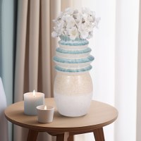 12" Blue and Beige Fluted Top Decorative Ceramic Vase