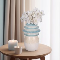 9" Blue and Beige Fluted Top Decorative Ceramic Vase