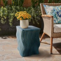 15" Sq Teal Wavy Ceramic Stool