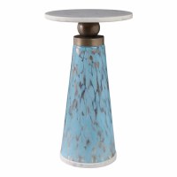 12" Round White Marble Top and Blue Glass Base End Table