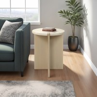 18" Round Beige Marble Top on a Wood Base End Table