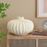 9" Distressed White Ribbed Squat Decorative Vase