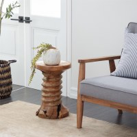 13" Round Brown Spiral Teak Wood End Table