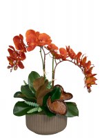 22" Faux Orange Orchids and Succulents in a Tan Bowl 22" Faux Orange Orchids and Succulents in a Tan Bowl