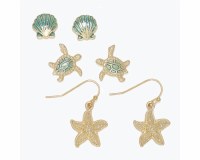 Set of Three Gold Toned and Green Sealife Earrings