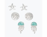 Set of Three Silver Toned and Aqua Sealife Earrings