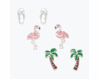 Set of Three Silver Toned Flamingo, Flip Slops, and Palm Tree Earrings