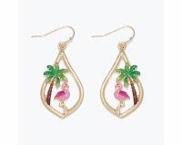 Gold Toned and Multicolor Flamingo and Palm Tree Earrings