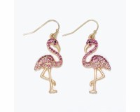 Gold Toned and Pink Inlay Bling Flamingo Earrings