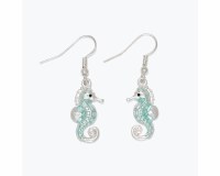 Silver Toned and Green Inlay Seahorse Earrings