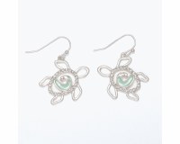 Silver Toned Bling Aqua Inlay Sea Turtle Earrings