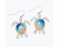Silver Toned Sandy Beach Scene Inlay Sea Turtle Earrings