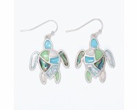 Silver Toned and Multicolor Inlay Sea Turtle Earrings