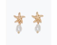 Gold Toned Starfish and Faux Pearl Drop Earrings