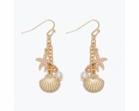 Gold Toned Starfish and Seashell Drop Earrings