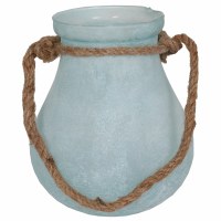 8" Frost Blue Glass Tear Drop Lantern With a Rope Handle
