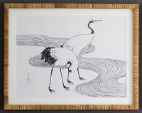 22" x 28" Black and White Two Cranes Coastal Print in a Rattan Frame Under Glass