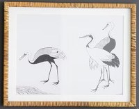 22" x 28" Black and White Three Cranes Coastal Print in a Rattan Frame Under Glass