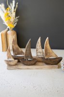 12" x 21" White Wash and Brown Five Sailboats on a Wood Base Statue