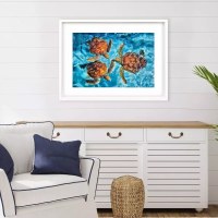 34" x 46" Three Sea Turtles Swimming in the Ocean Coastal Framed Print Under Glass