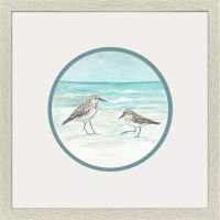 17" Sq One Sandpiper Standing Up and One Sandpiper Squatting Down Coastal Framed Print Under Glass